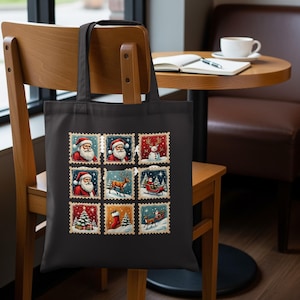 Christmas Stamps Tote Bag, Santa Claus Tote, Reindeer Tote Bag, Snowman, Holiday Gift Bag, Christmas Tree Tote, Xmas Gift Bag, Winter Tote