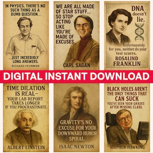 Vintage Science Classroom Posters Set | 10 Famous Scientists Funny Quotes | Printable Wall Art 300 DPI Instant Download for Teachers & Labs