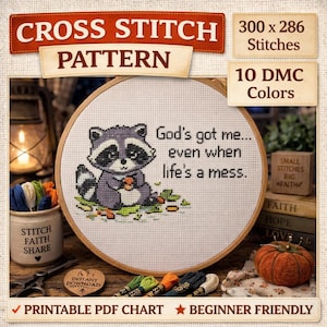 May include: A cross stitch pattern featuring a raccoon holding a small object, with the text "God's got me... even when life's a mess." The design is in a wooden hoop, with 300 x 286 stitches and 10 DMC colors.