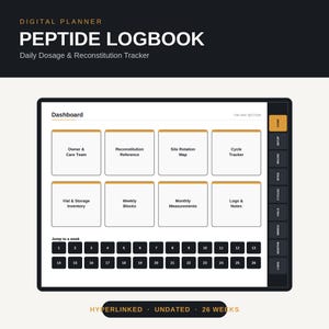 May include: A digital planner titled Peptide Logbook: Daily Dosage & Reconstitution Tracker. The dashboard features eight rectangular sections including Owner & Care Team, Reconstitution Reference, Site Rotation Map, Cycle Tracker, Vial & Storage Inventory, Weekly Blocks, Monthly Measurements, and Logs & Notes. A navigation bar on the right side lists Home, Setup, Recon, Sites, Cycles, Vials, Weeks, Months, and Logs. A jump to a week section displays numbers 1 through 26.
