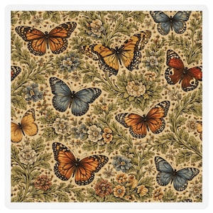 Può includere: Articolo decorativo quadrato con un motivo ripetuto di farfalle ed elementi floreali. Le farfalle hanno ali arancioni, marroni e blu, su uno sfondo beige con foglie e fiori verdi e beige.