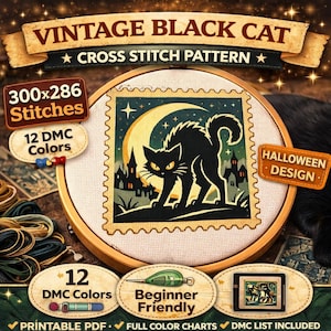 May include: A cross-stitch pattern featuring a black cat silhouette against a moonlit sky with a spooky castle. The design is labeled "Vintage Black Cat" and "Halloween Design". Includes 12 DMC colors and is beginner-friendly.