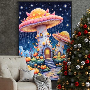 Puede incluir: Una impresión artística caprichosa de casas de hongos bajo un cielo estrellado. La colorida ilustración presenta calabazas naranjas, un cielo azul y un árbol de Navidad decorado con adornos rojos y plateados. Un ambiente acogedor de sala de estar.