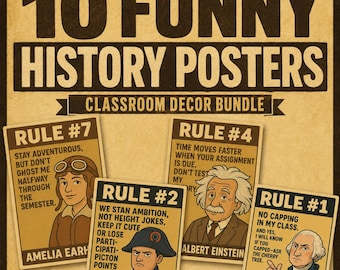 Puede incluir: Un conjunto de 10 pósteres de historia divertidos para decoración de aulas con ilustraciones de figuras históricas. Cada póster muestra una regla y una cita, incluyendo a Amelia Earhart, Napoleón, Albert Einstein y George Washington.