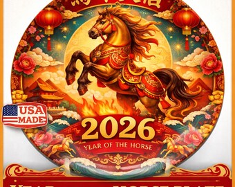 Year of the Horse 2026 Plate | Chinese New Year Red Willow Style | Unbreakable USA Made Lunar New Year Serving Plate