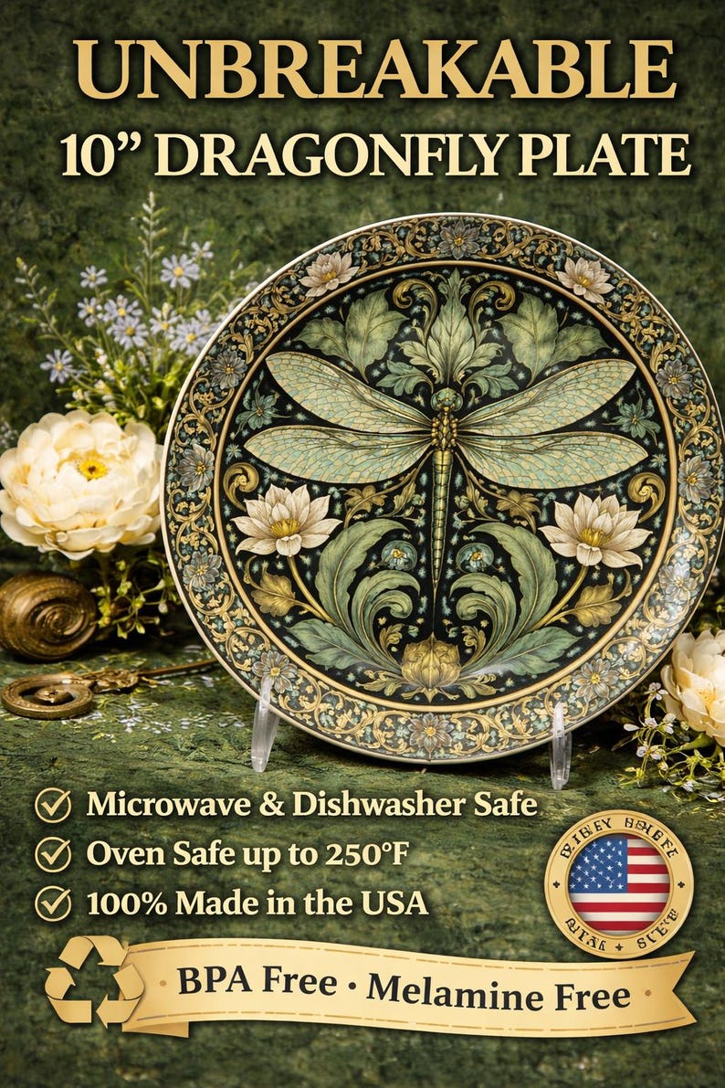 William Morris Dragonfly Decorative Plate | Unbreakable, USA Made image 4