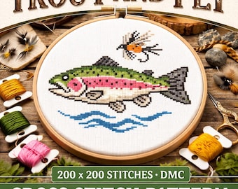 May include: A cross-stitch pattern depicting a trout and a fly, framed in a wooden hoop. The design includes blue water, a fly, and the text "TROUT AND FLY" and "CROSS STITCH PATTERN". The pattern is 200 x 200 stitches.