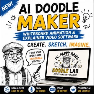 May include: An advertisement for AI Doodle Maker software. The image features a cartoon of a man with a beard and glasses, holding a pen. A laptop displays the software's interface, with the text "Dr. Pappy Dan's Doodle Lab." The software is for whiteboard animation and explainer videos.