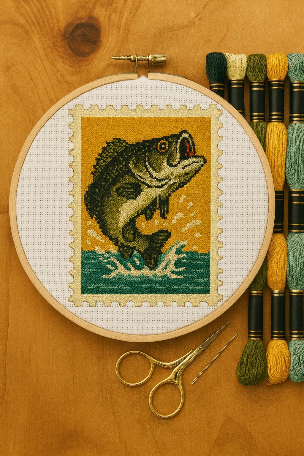 Bass Leaping Cross Stitch Pattern: Retro Fishing Needlework (PDF Download), image size:1024x1536