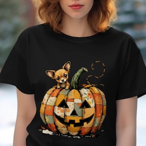 Disegno di Halloween a forma di zucca di Chihuahua: Patchwork Puppy Art (T-shirt scaricabile digitalmente)