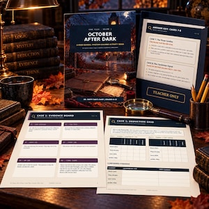 May include: A mystery-solving activity book titled October After Dark, featuring a dark cover with a clocktower illustration. Includes a teacher's answer key folder, a Case 1 Evidence Board, and a Case 1 Deduction Grid, all printed on white paper.