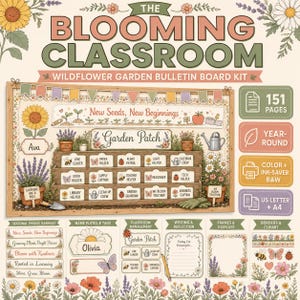 May include: The Blooming Classroom wildflower garden bulletin board kit includes 151 pages of printable classroom decor. Features include a Garden Patch display with job labels, seasonal banners, name tags, writing templates, and floral borders.