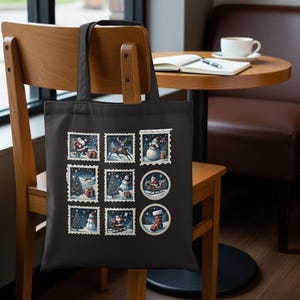 Christmas Stamp Tote Bag, Holiday Gift Bag, Santa Snowman, Christmas Tree Tote, Festive Tote, Winter Tote, Christmas Presents Bag