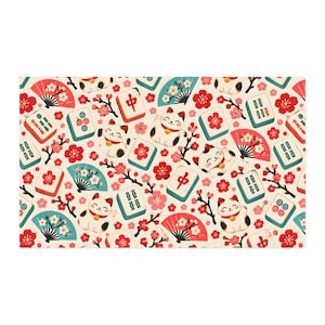 May include: A patterned fabric featuring a repeating design of white beckoning cats with red collars, red and teal folding fans, mahjong tiles with various symbols, and small red and pink plum blossom flowers on a cream background.