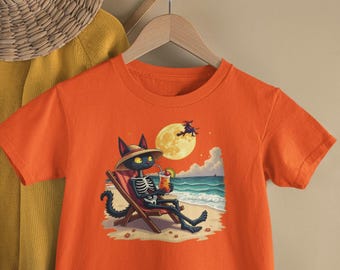 Summerween Skeleton Cat T-Shirt: Halloween Beach Witch Tee