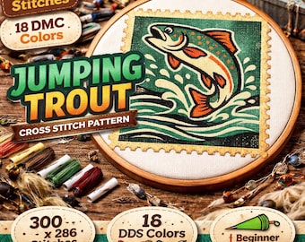 Puede incluir: Un patrón de punto de cruz con un diseño de trucha saltando dentro de un aro de bordado de madera. El diseño incluye el texto "Jumping Trout" y detalles sobre el número de puntadas y colores. Apto para principiantes.
