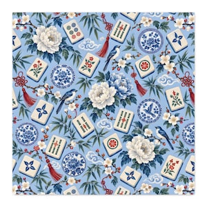 May include: A light blue patterned fabric featuring white and blue peonies, small birds, bamboo leaves, stylized clouds, red tassels, and mahjong tiles with various floral and geometric symbols printed across the surface.