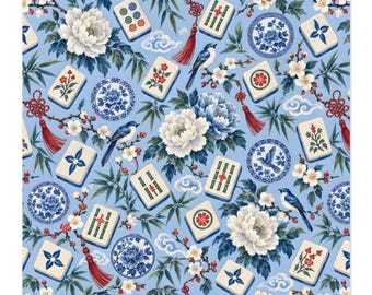 Blue Mahjong Tiles and Peony Floral Fabric by Yard | Spun Polyester