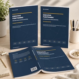 May include: Two upright and one open softcover books titled Executive Functioning for High School Special Education. The dark blue covers feature gold text, geometric line patterns, and five small icons labeled Plan, Start, Focus, Adapt, and Check.