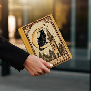 May include: A book with a yellow cover featuring a black cat sitting on a crescent moon, with a church tower and the words "Crescent City". The illustration has a vintage, gothic style with brown and gold accents.