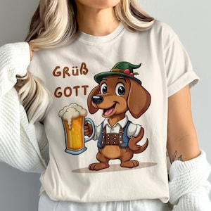 Oktoberfest Dachshund T-Shirt, Gruss Gott Beer Lover Shirt, German Dog Tee, Cartoon Wiener Dog Shirt, Bavarian Dog T-Shirt