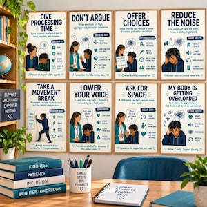 Puede incluir: Ocho carteles educativos con ilustraciones y texto sobre estrategias de regulación emocional, incluyendo Give Processing Time, Don't Argue, Offer Choices, Reduce the Noise, Take a Movement Break, Lower Your Voice, Ask for Space y My Body is Getting Overloaded.