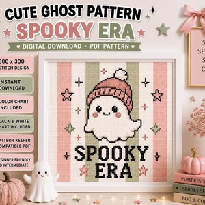 Spooky Era Ghost Cross Stitch Pattern PDF, Pastel Halloween Ghost, Cute Kawaii Cross Stitch, Pink Ghost Sampler, Pattern Keeper Download