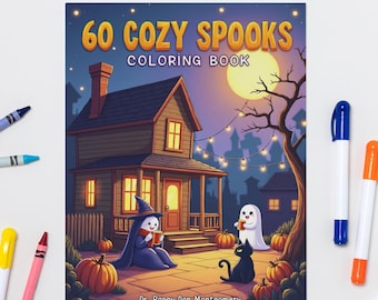 May include: A Halloween-themed coloring book titled "60 Cozy Spooks" with a house illustration, pumpkins, and cartoon characters. Crayons and markers in various colors surround the book.