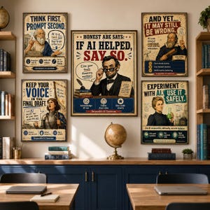 May include: Five educational wall posters featuring historical figures like Socrates, Abraham Lincoln, Galileo, Joan of Arc, and Marie Curie, each with text about responsible AI use, displayed in a classroom setting with a globe and books.