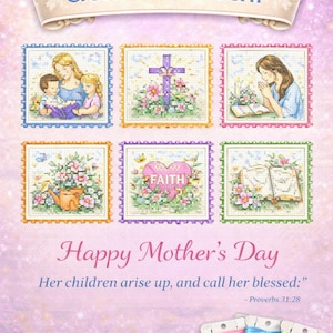 Może przedstawiać: Religijny wzór haftu krzyżykowego na Dzień Matki z sześcioma oprawionymi wzorami. Wzory obejmują matkę i dzieci, krzyż, modlącą się kobietę i elementy kwiatowe. Tekst zawiera "Happy Mother's Day" i "PDF Pattern + DMC Chart".