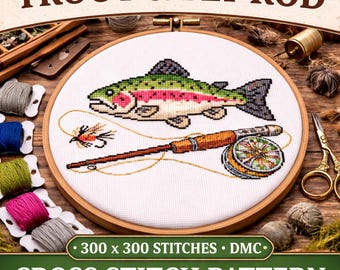 Puede incluir: Un patrón de punto de cruz con un diseño de trucha y caña de pescar. La imagen incluye un pez bordado, una mosca y una caña de pescar dentro de un bastidor de bordado. El texto en la parte superior dice "TROUT & FLY ROD" y en la parte inferior "CROSS STITCH PATTERN".