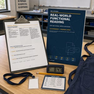 May include: A Real-World Functional Reading book for high school special education, a clipboard with a Clock-In Reminder worksheet, a digital clock showing 8:47, a yellow pencil, a blank ID badge with a navy lanyard, and a weekly shift schedule card.