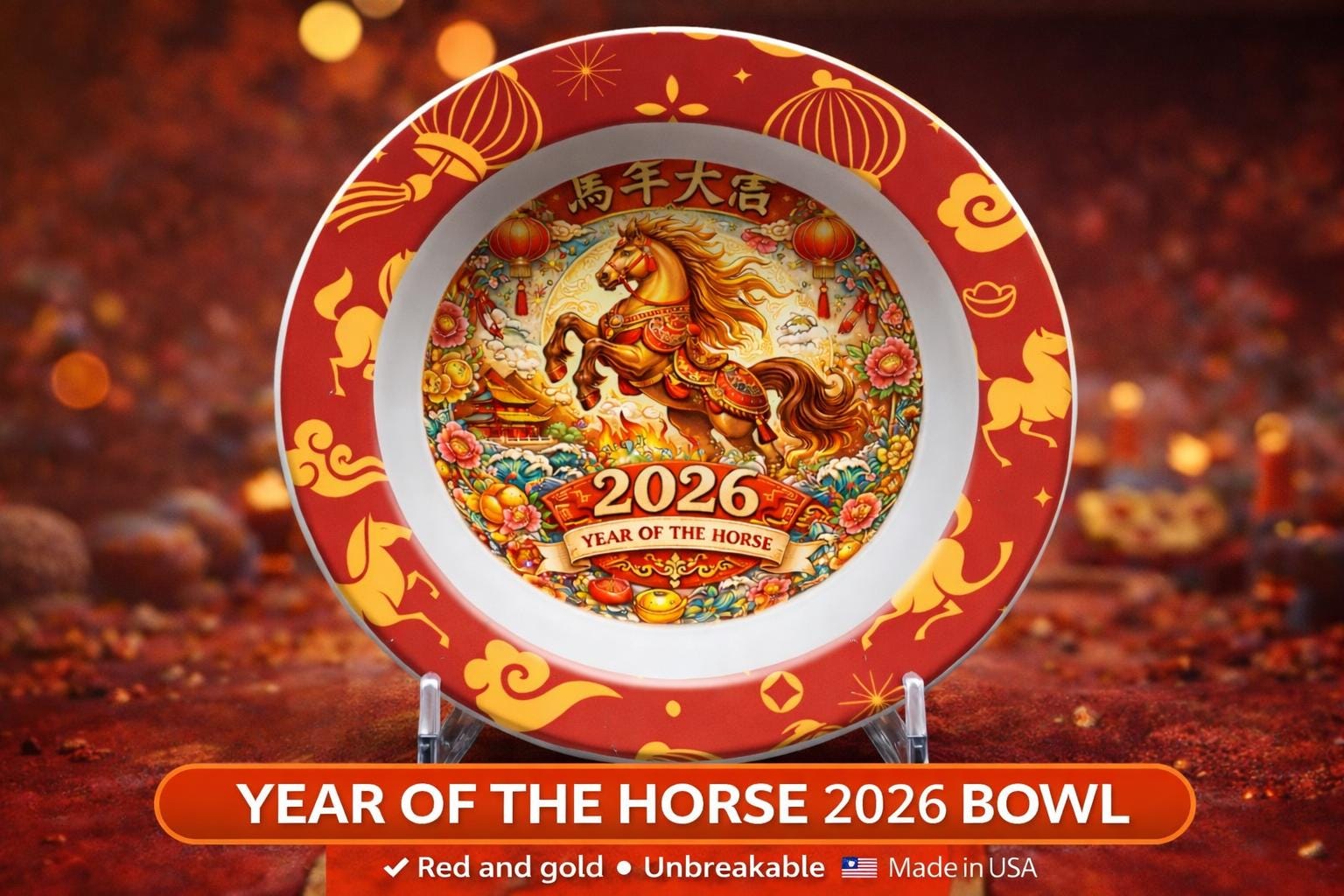 Chinese New Year 2026 Year of the Horse Bowl | 16oz Red & Gold