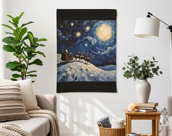 May include: A wall tapestry depicting Santa Claus in a sleigh pulled by reindeer against a starry night sky. The artwork features a swirling, textured style with a large, bright moon and dark blue and white tones.