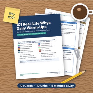 Peut inclure: Un ensemble de cartes de tâches éducatives imprimables intitulées 101 Real-Life Whys Daily Warm-Ups pour adolescents neurodivergents. Le document présente un en-tête bleu foncé, du texte blanc et une liste de dix unités incluant l'attention, la mémoire et les émotions. Un post-it jaune marqué Why #001, un crayon et une tasse de café sont visibles.