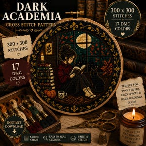 May include: A cross-stitch pattern titled "Dark Academia" featuring a woman reading by a window with a cat. The design includes a moon, books, and fall foliage. The pattern is 300 x 300 stitches and uses 17 DMC colors. Includes a color chart and easy-to-read symbols.