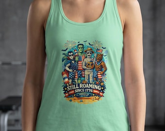 Camiseta sin mangas de monstruo patriótico - Todavía vagando desde el 4 de julio de 1776, América 250, Camiseta divertida de Frankenstein, Drácula, hombre lobo y momia