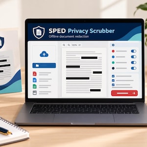 Op de afbeelding: Een laptopscherm met de interface van de SPED Privacy Scrubber-software voor offline documentredactie. Het scherm toont een centraal documentvoorbeeld met zwartgemaakte tekst, een gebied voor bestandsuploads en diverse instellingen.