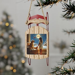 Vintage Santa Sleigh Ornament, Sleigh in Flight Scene on Wooden Sled, Retro Holiday Tree Decoration