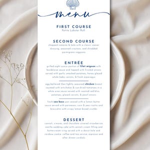 Coastal Menu Template, Classic Elegant Wedding or Bridal Shower, Instant Download, Printable Wedding Menu, Reception Dinner Menu Editable