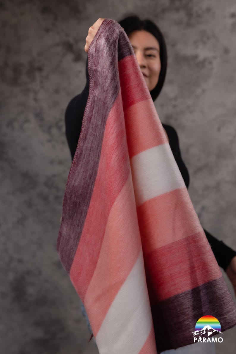 May include: A striped blanket in shades of red, pink, and white, with a dark purple border. The blanket is held up, displaying its soft texture and design. The blanket is made of a soft material.