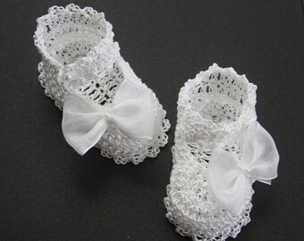 Botitas de bebé tejidas a crochet con lazos, botitas de niña, zapatos de cuna, botitas de bebé para bautizo, botitas de bebé tejidas para muñeca Reborn.