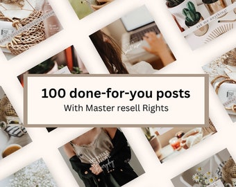 Peut inclure: Un collage d'images faisant la promotion de 100 publications de médias sociaux prêtes à l'emploi avec des droits de revente principaux. Les images présentent une variété de thèmes de style de vie et d'inspiration, notamment des plantes, du café et des citations motivantes.