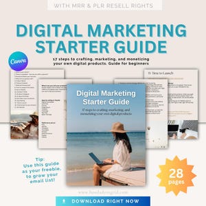 May include: A digital marketing starter guide with 17 steps to crafting, marketing, and monetizing digital products. The guide is 28 pages long and includes a woman sitting on a beach with a laptop. The guide is available for download.