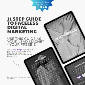 Könnte beinhalten: Ein digitaler Marketing-Leitfaden mit dem Titel "The Digital Marketing Playbook" mit einem Schwarzweißfoto einer Person, die eine Halskette und eine Uhr trägt. Der Leitfaden umfasst 100 Seiten und ist ein kostenloses Angebot, um eine E-Mail-Liste aufzubauen. Der Leitfaden ist Teil eines 11-stufigen Leitfadens für Gesichtsloses Digitales Marketing.