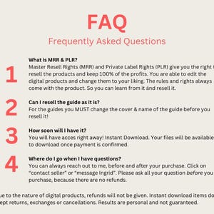 K&ouml;nnte beinhalten: Eine FAQ-Seite mit vier nummerierten Fragen und Antworten zu Master Resell Rights (MRR) und Private Label Rights (PLR). Die Fragen lauten: Was sind MRR & PLR?, Kann ich den Leitfaden so weiterverkaufen?, Wie schnell bekomme ich ihn?, und Wohin kann ich mich wenden, wenn ich Fragen habe?