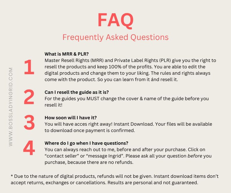 K&ouml;nnte beinhalten: Eine FAQ-Seite mit vier nummerierten Fragen und Antworten zu Master Resell Rights (MRR) und Private Label Rights (PLR). Die Fragen lauten: Was sind MRR & PLR?, Kann ich den Leitfaden so weiterverkaufen?, Wie schnell bekomme ich ihn?, und Wohin kann ich mich wenden, wenn ich Fragen habe?