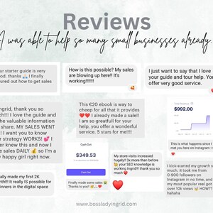 K&ouml;nnte beinhalten: Eine Collage aus Kundenbewertungen und Erfahrungsberichten f&uuml;r einen Online-Business-Coaching-Service. Die Bewertungen heben die positiven Auswirkungen des Dienstes auf Umsatz, Website-Traffic und das allgemeine Gesch&auml;ftswachstum hervor. Das Bild enth&auml;lt Screenshots von Social-Media-Posts, Website-Analysen und Kundenfeedback.