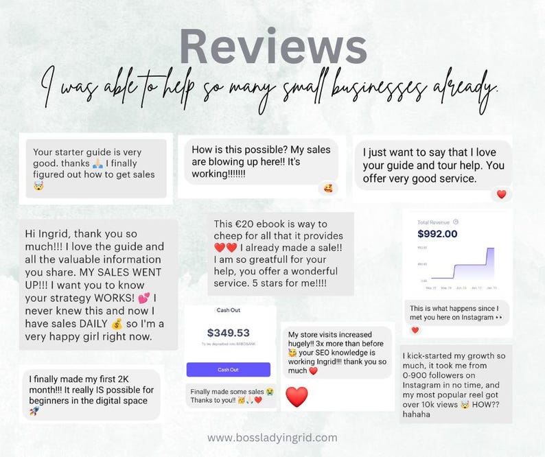 K&ouml;nnte beinhalten: Eine Collage aus Kundenbewertungen und Erfahrungsberichten f&uuml;r einen Online-Business-Coaching-Service. Die Bewertungen heben die positiven Auswirkungen des Dienstes auf Umsatz, Website-Traffic und das allgemeine Gesch&auml;ftswachstum hervor. Das Bild enth&auml;lt Screenshots von Social-Media-Posts, Website-Analysen und Kundenfeedback.