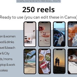 Op de afbeelding: Een collage van 8 verschillende Instagram-reel-sjablonen, elk met een ander thema. De thema's omvatten mannen en vrouwen, eten en drinken, reizen en strand, auto en stad, kinderen en moeders, laptop en werk, en gezichtsloos. De tekst "250 reels" staat bovenaan de afbeelding. De tekst "Ready to use (you can edit these in Canva)" staat onder de tekst "250 reels".